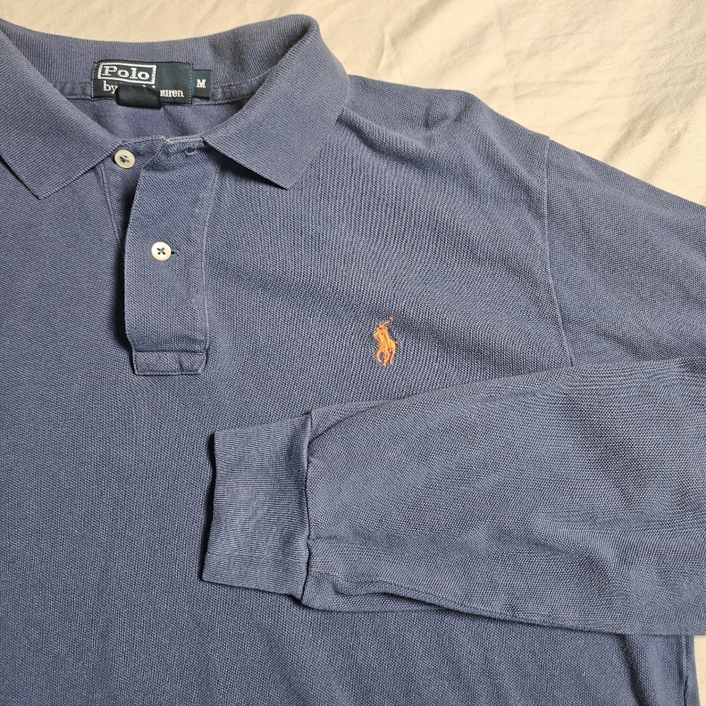 Vtg Polo Ralph Lauren‎ Long Sleeve Mesh Polo Shirt Blue Orange Pony Men’s Medium